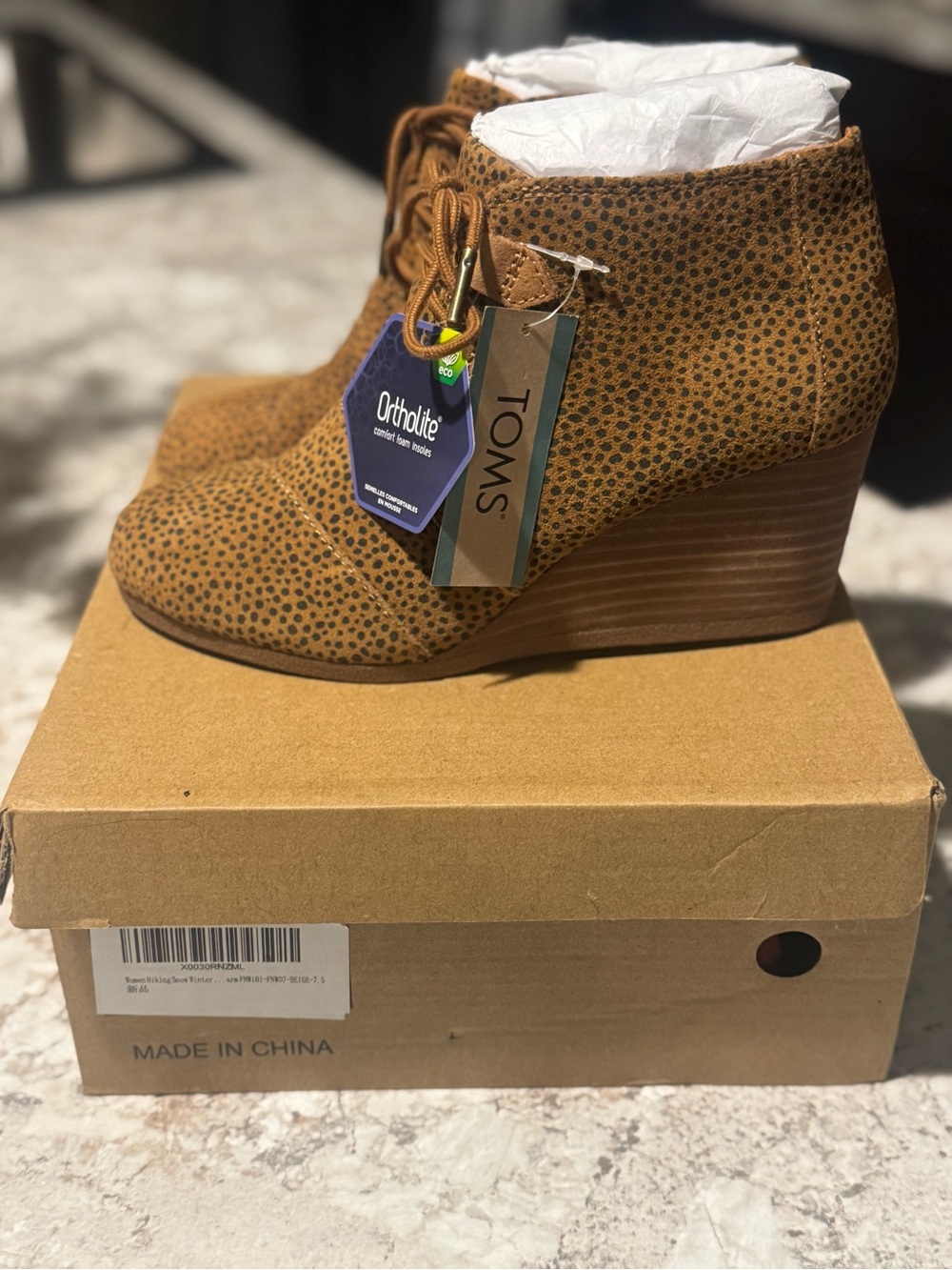 TOMS Kala Animal Print Tan/Brown Perforated Suede Wedge Booties 7.5